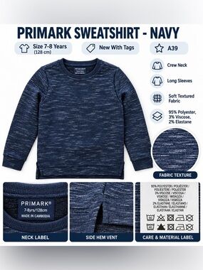 PRIMARK TEXTURED CREWNECK SWEATSHIRT - SIZE 7-8 YEARS (NEW WITH TAGS) A39